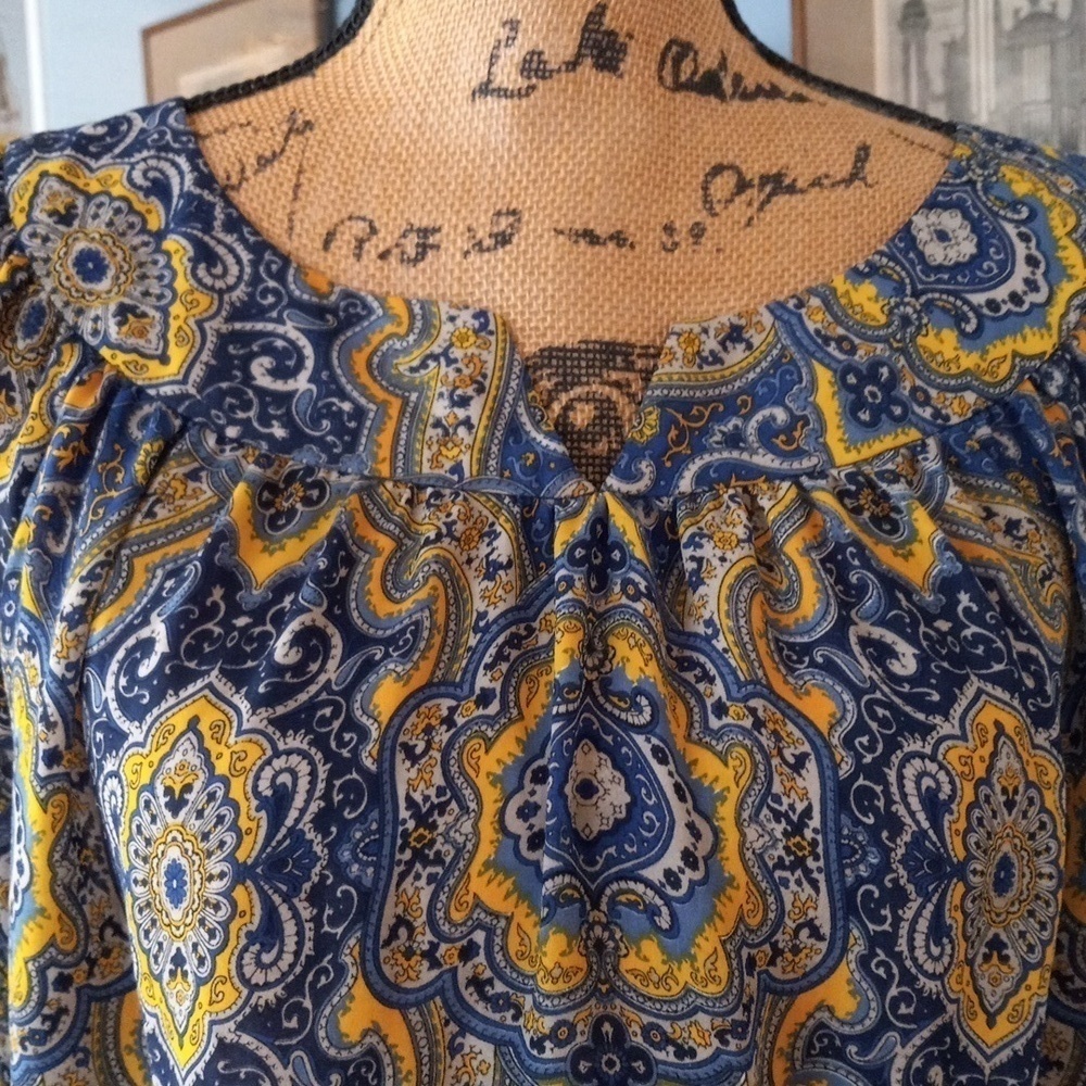 Ann Taylor Navy Mustard Yellow Paisley Boho Blouse Petite Small - Picture 3 of 13